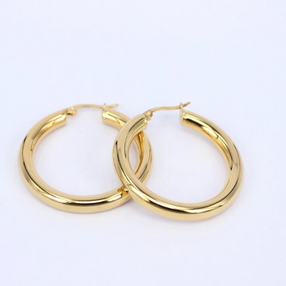 NEW 18K Yellow Gold Round 2” Tube Hoop Earrings - Picture 4 of 8